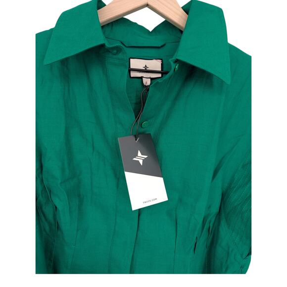 Tuckernuck Green Linen Blend Belted Shirt Dress Embroidered Hem NWT S - Picture 4 of 7